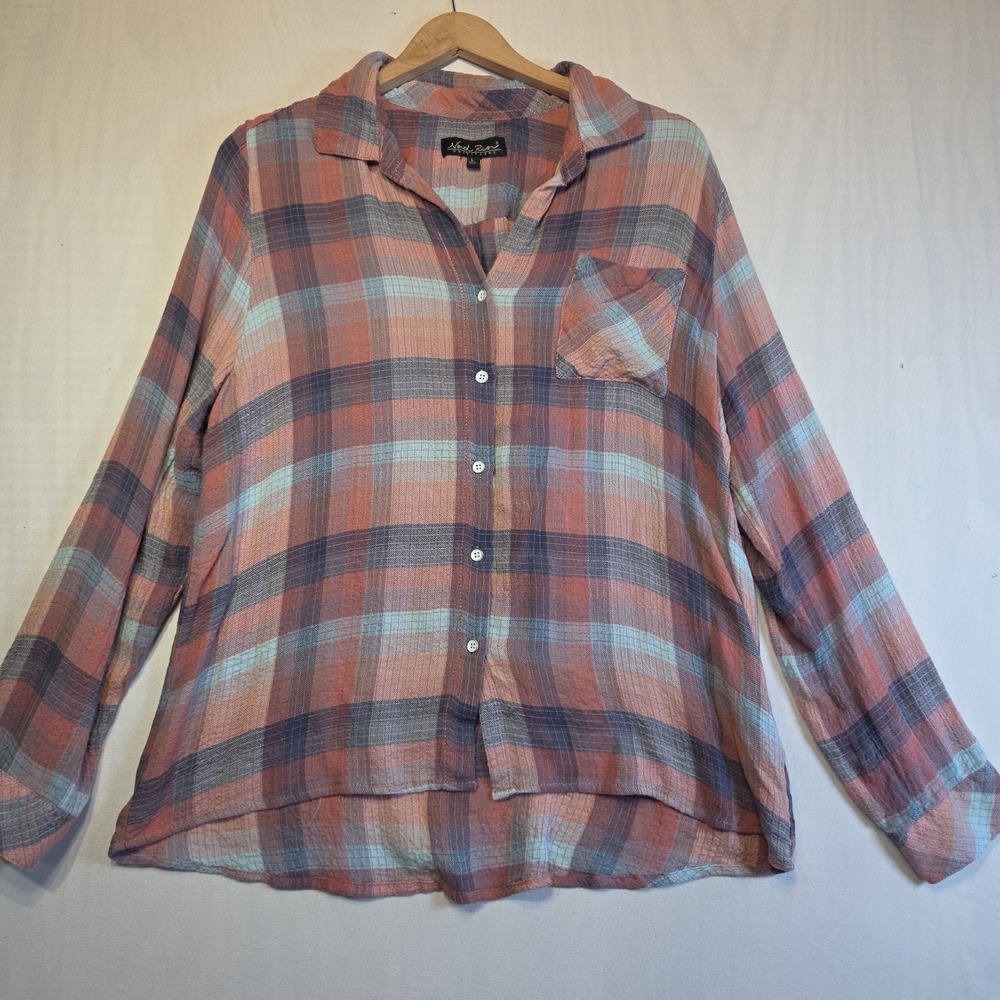 North River Outfitters Plaid Button Front Shirt Women's Large Pink Blue Rayon